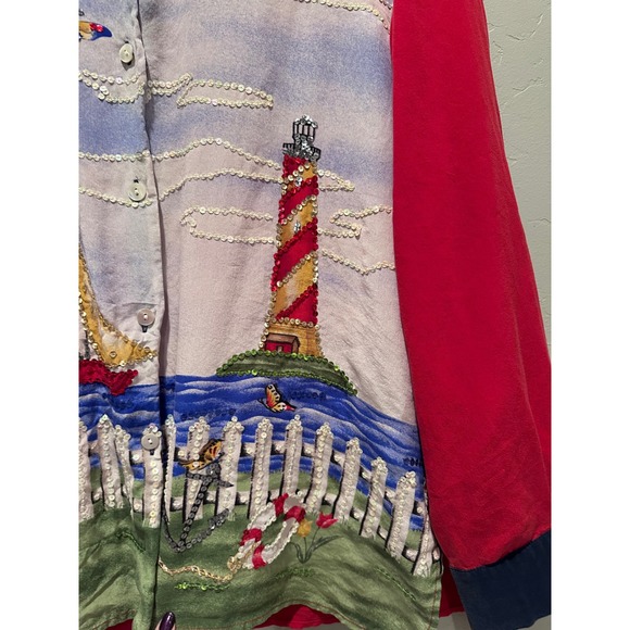 Vintage Quacker Factory Red Sequin Lighthouse 100% Silk Button Up Shirt Large - Picture 4 of 6